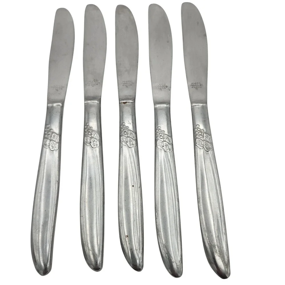 MWCO Dinner Knives Set 5 Silver Grape Vine Pattern Stainless Japan MCM Farmhouse